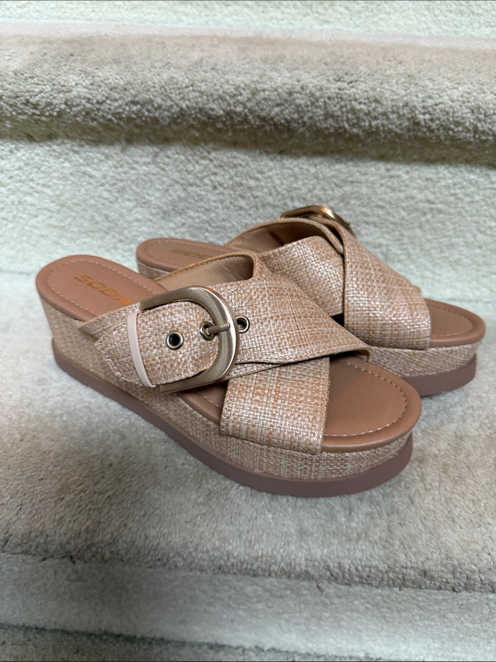 Soda Woven Buckle Platform Mules - Tan